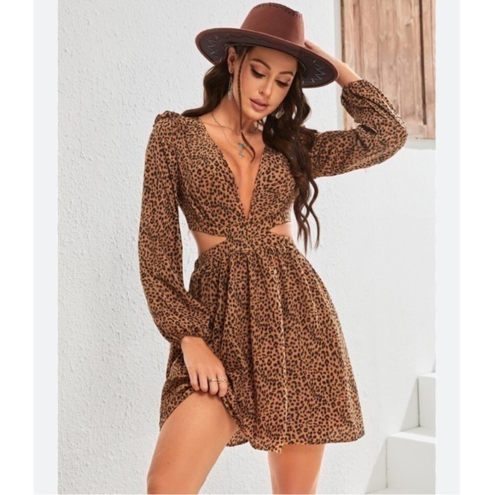 Cheetah Print Long Sleeve Cut Out Dress